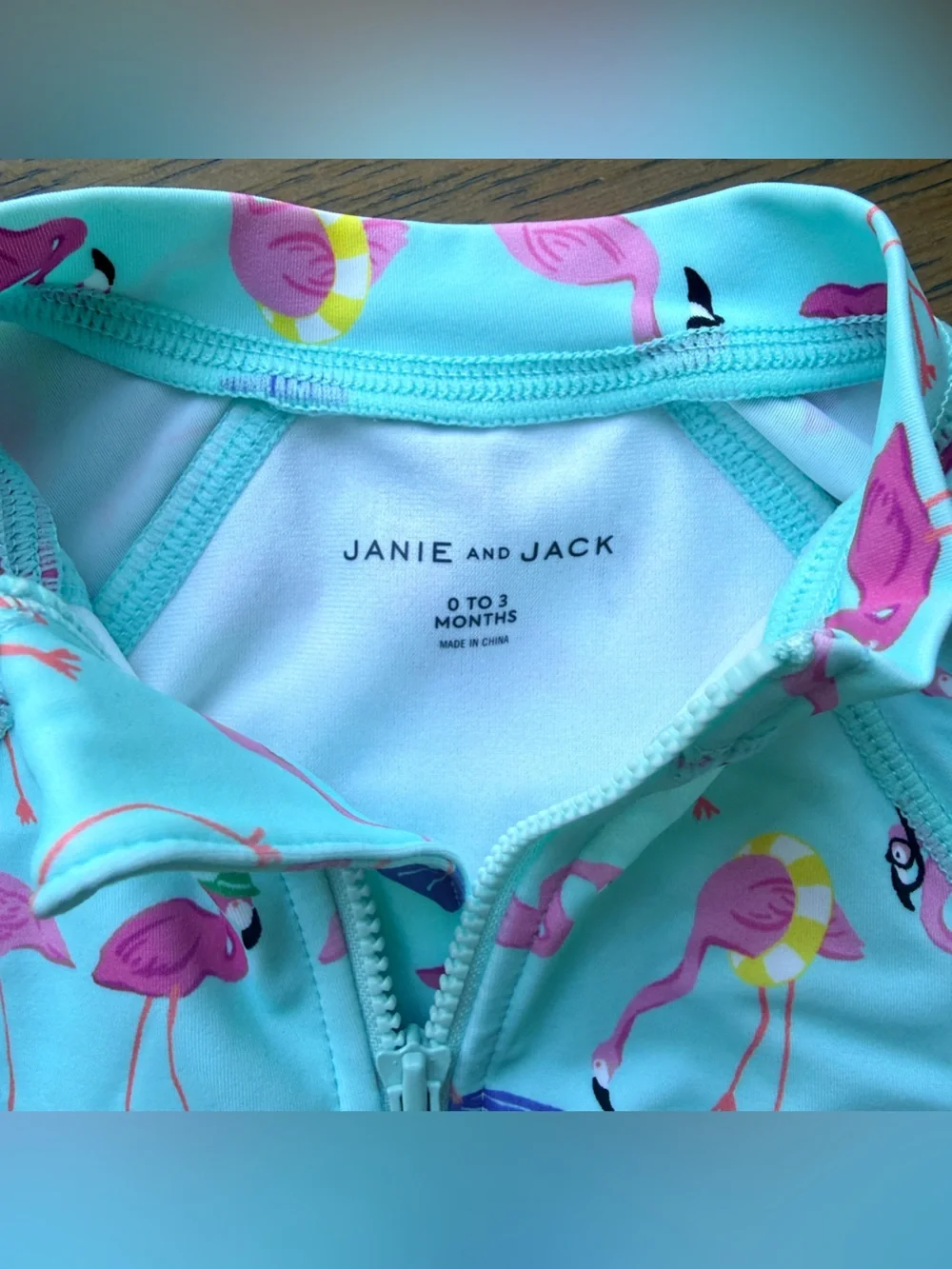 Janie and Jack Teal One-Piece Rashguard with Pink Flamingos - size 0-3 M